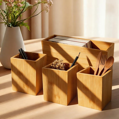 Silverware Caddy for Party, Wood Utensil Holder with 4 Compartments Paper Plate Dispenser for Kitchen Countertop Organizing Paper Plate, Fork, Spoon, Napkin