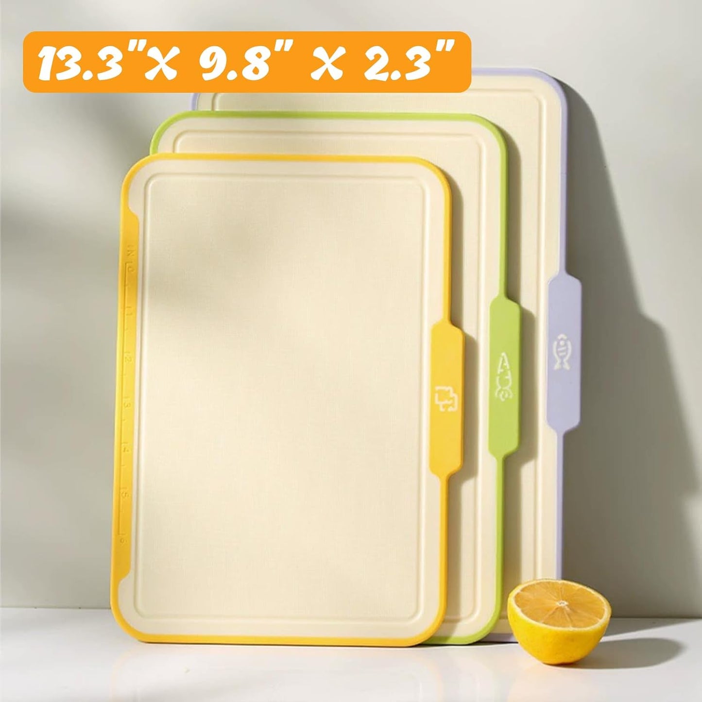Plastic Cutting Boards for Kitchen, 4-Pieces Cutting Board With Food Icons And Storage Stand, Easy Grip Handle, Professional Chopping Board Set for Meat, Veggies, Fruits（12.9"X 9.4" X 3.1")