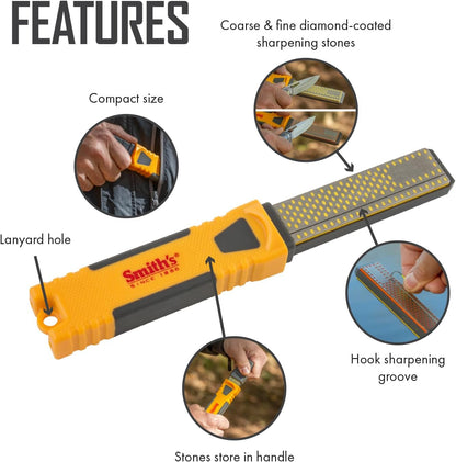 Smith's DCS4 4” Diamond Combination Sharpener - Double Sided Stone - Outdoor Field Knife Sharpener - Fish Hook & Pointed Tools Micro Sharpener - Lightweight, Compact, Handheld