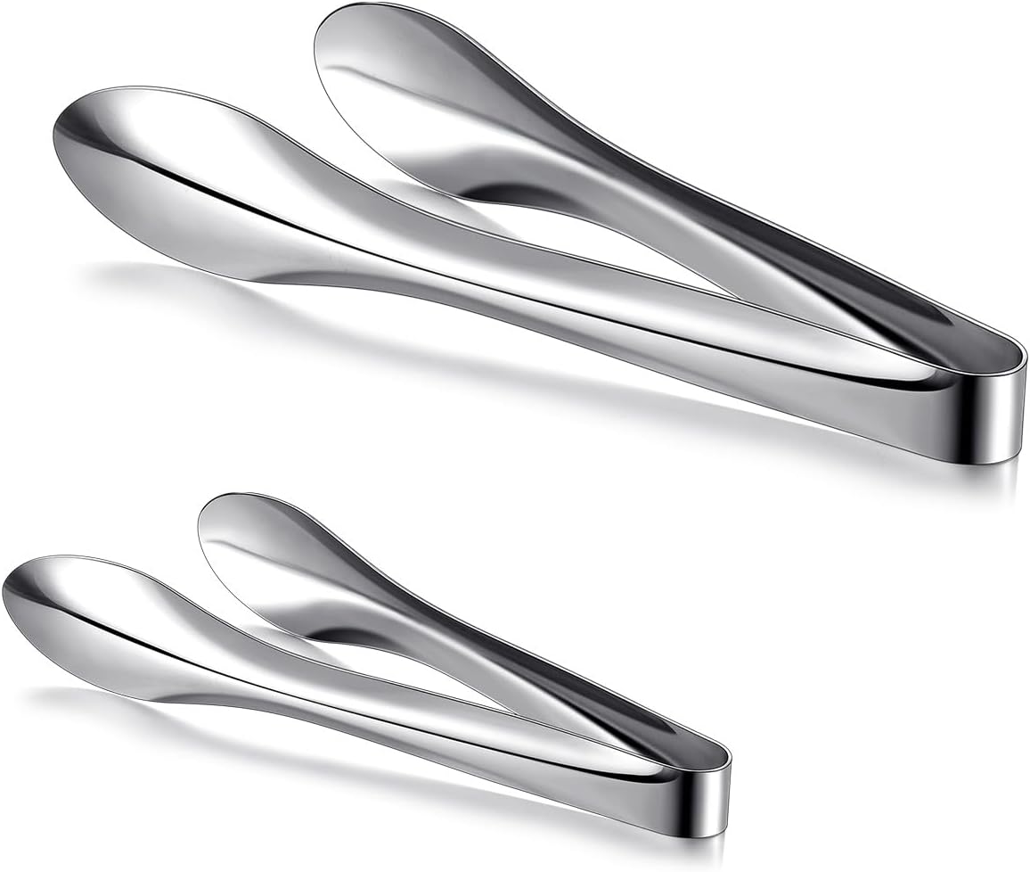 2 Pack Polished Stainless Steel Serving Tongs 9 and 12 Inch Metal Food Silver Tong for Buffet Salad BBQ Grilling Heavy Duty Kitchen Utensils for Cooking Catering Wedding Party