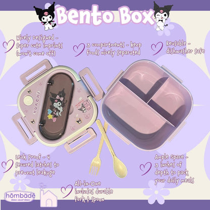 Bento Lunch Box Container Set with 3 Compartments Portable Personal Sealed Plastic Utensils Food Container Cute Kawaii Anime Kitty Bunny Dog (Pink Kitty)