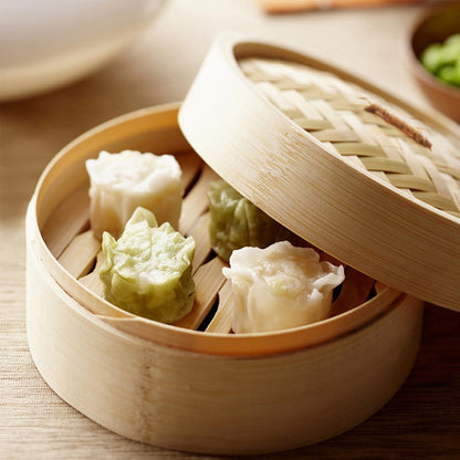 Mini Bamboo Steamer Basket with Cover and Handle 3.5 Inch Round Dim Sum Steamer for Dumplings Buns Home Kitchen Cooking