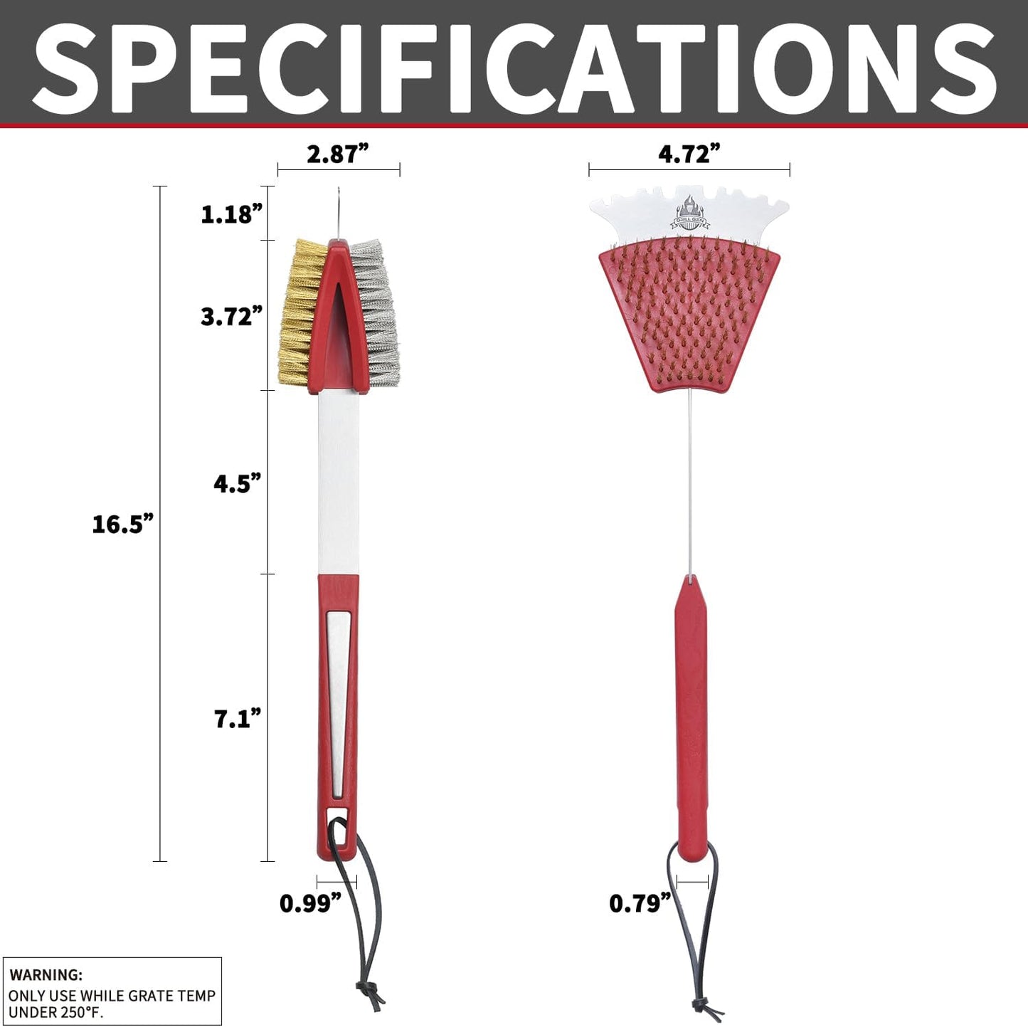 GRILLGEN Dual Sided Grill Brush and Scraper - 16.5" Heavy Duty 117-Hole Planted BBQ Cleaner with Brass & Stainless Steel Bristles - Safe for All Grates: Porcelain, Cast Iron and Steel