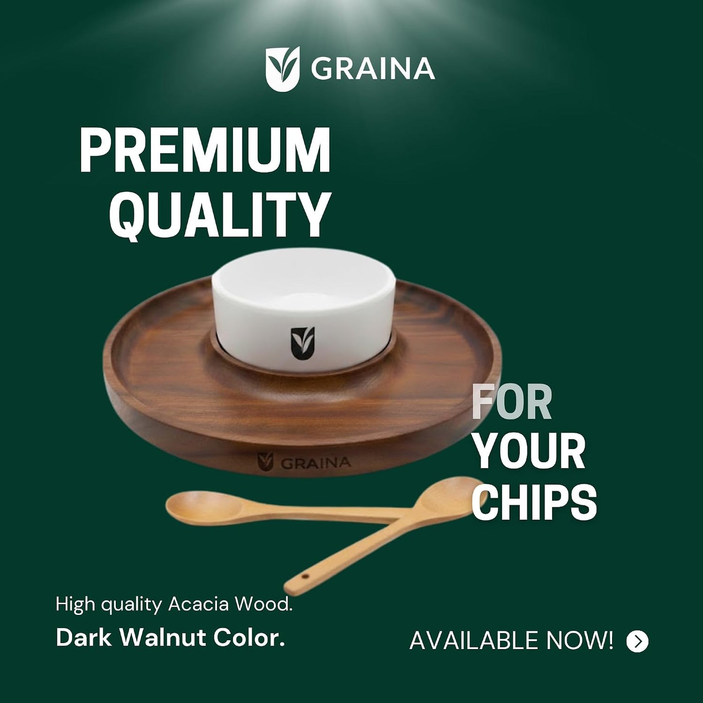Premium Wooden Chip and Dip Serving Tray Set – Dark Walnut Large Serving Tray with Ceramic Dip Bowl & 2 Wooden Spoons – Chip and Dip Bowl Set for Chips, Snack & Entertaining | Appetizer Platter