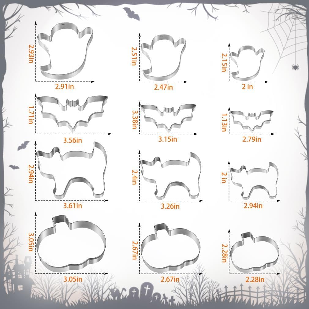 Halloween Cookie Cutters Set - 12 Pieces Stainless Steel Halloween Cookie Cutters Shape,Pumpkin, Ghost, Bat and Cat Cookie Cutter Shapes for Halloween Food Party Decorations