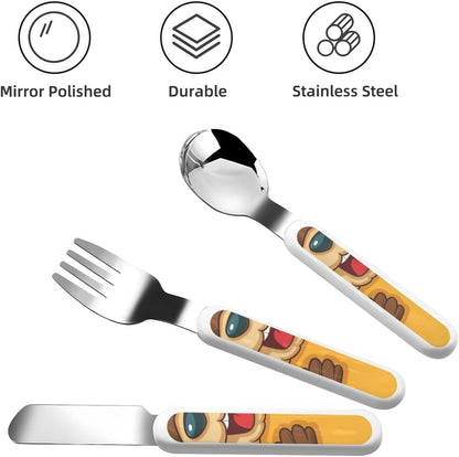 3-Piece Kids Silverware Set With Storage Case, Stainless Steel Reusable Children Safe Knife Spoon Fork Set Cartoon Animated Beaver Children Flatware Set For Kids Lunch Box