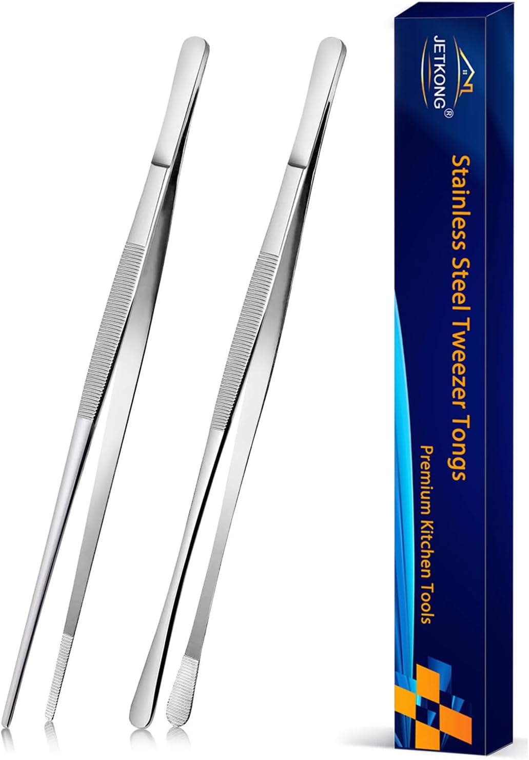 JETKONG 2 Pcs 12-Inch Kitchen Tweezers Tongs with Precision Serrated Tips, Stainless Steel Chef Tweezer Professional Cooking Tweezers for BBQ, Plating and Serving (12-Inch, Black)