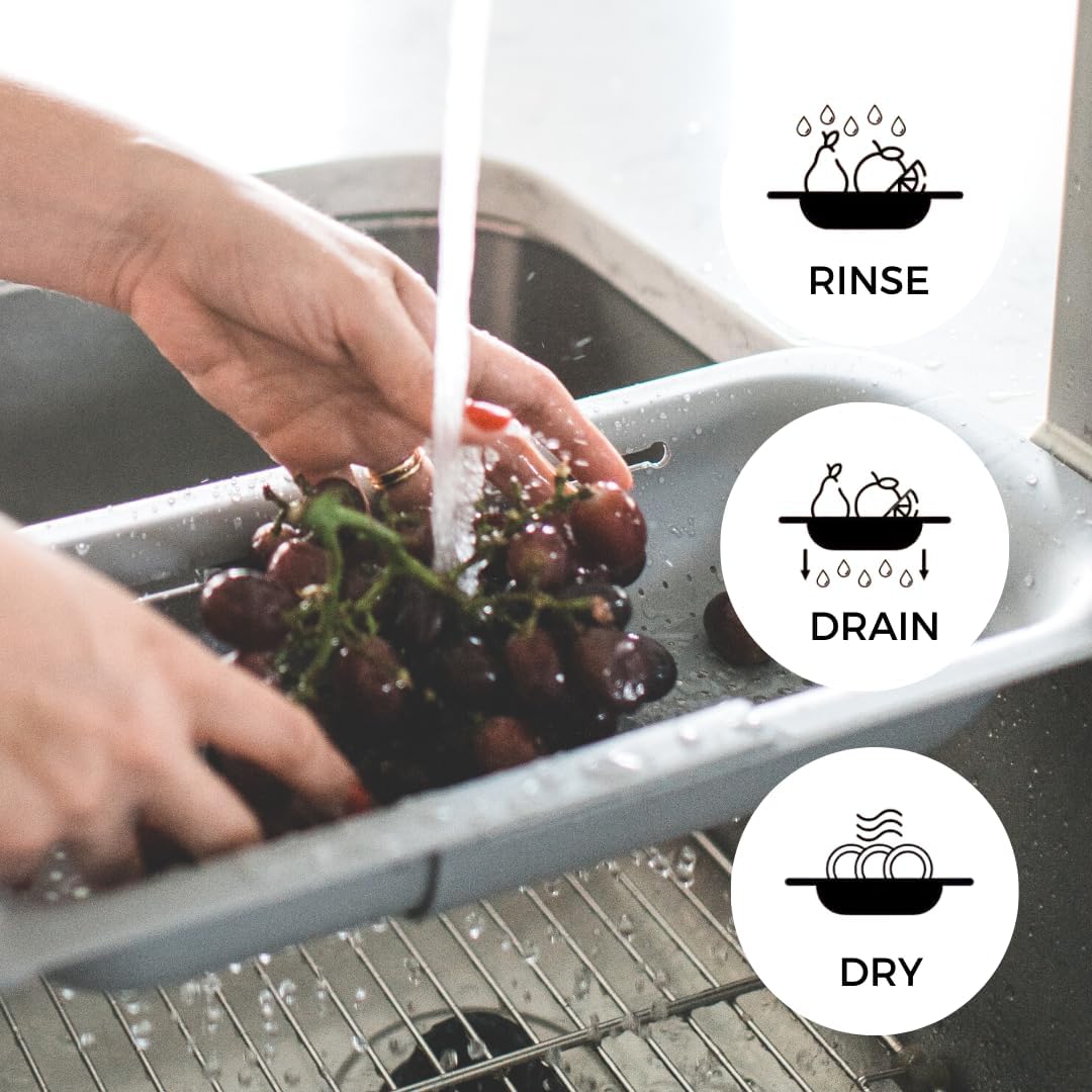 Collapsible Multi-purpose Colander - Over the sink strainer basket - Wash, Drain and Dry - Extendable 14.5-19.5 in -Teal