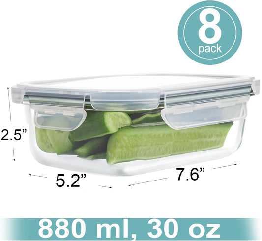 8 Pack 36oz Large Glass Meal Prep Containers with lids, Glass Food Storage Containers with Leak Proof Snap Lock Lids , Airtight Bento lunch Boxes, Kitchen Storage, Oven, Freezer and Dishwasher Safe
