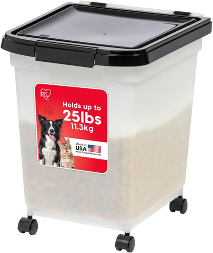 IRIS USA Airtight Dog Food Storage Container, WeatherPro, Up to 25 lbs, Removable Wheels, for Dog Cat Bird and Other Pet Food Storage Bin, Keep Fresh, Translucent Body, Made in USA, Clear/Black