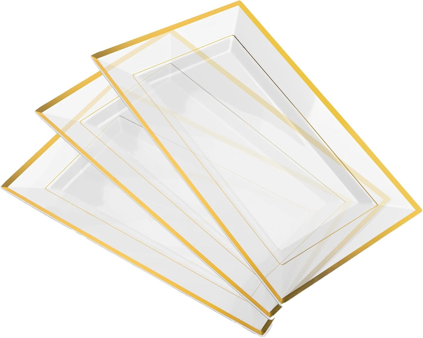 Elegant Plastic Serving Tray & Platter Set (6pk) - White & Gold Rim Disposable Serving Trays & Platters for Food - Weddings, Upscale Parties, Dessert Table, Cupcakes - 8 x 12.85 inches