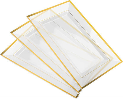 Elegant Plastic Serving Tray & Platter Set (6pk) - White & Gold Rim Disposable Serving Trays & Platters for Food - Weddings, Upscale Parties, Dessert Table, Cupcakes - 8 x 12.85 inches