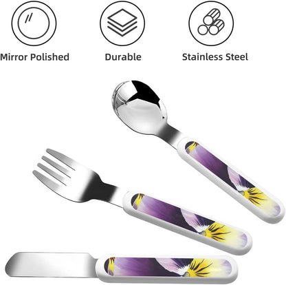 Stainless Steel Kids Silverware Set, Pansy Perfection Utensil Set Reusable Children Safe Knife Spoon Fork Set With Storage Case Dishwasher Safe For Lunch, Travel Outdoors