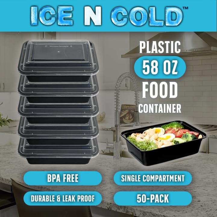 Reusable To-Go Food Meal Prep Storage Containers with Leak Proof Snap Lids 58oz | 1715ml | 50-Pack