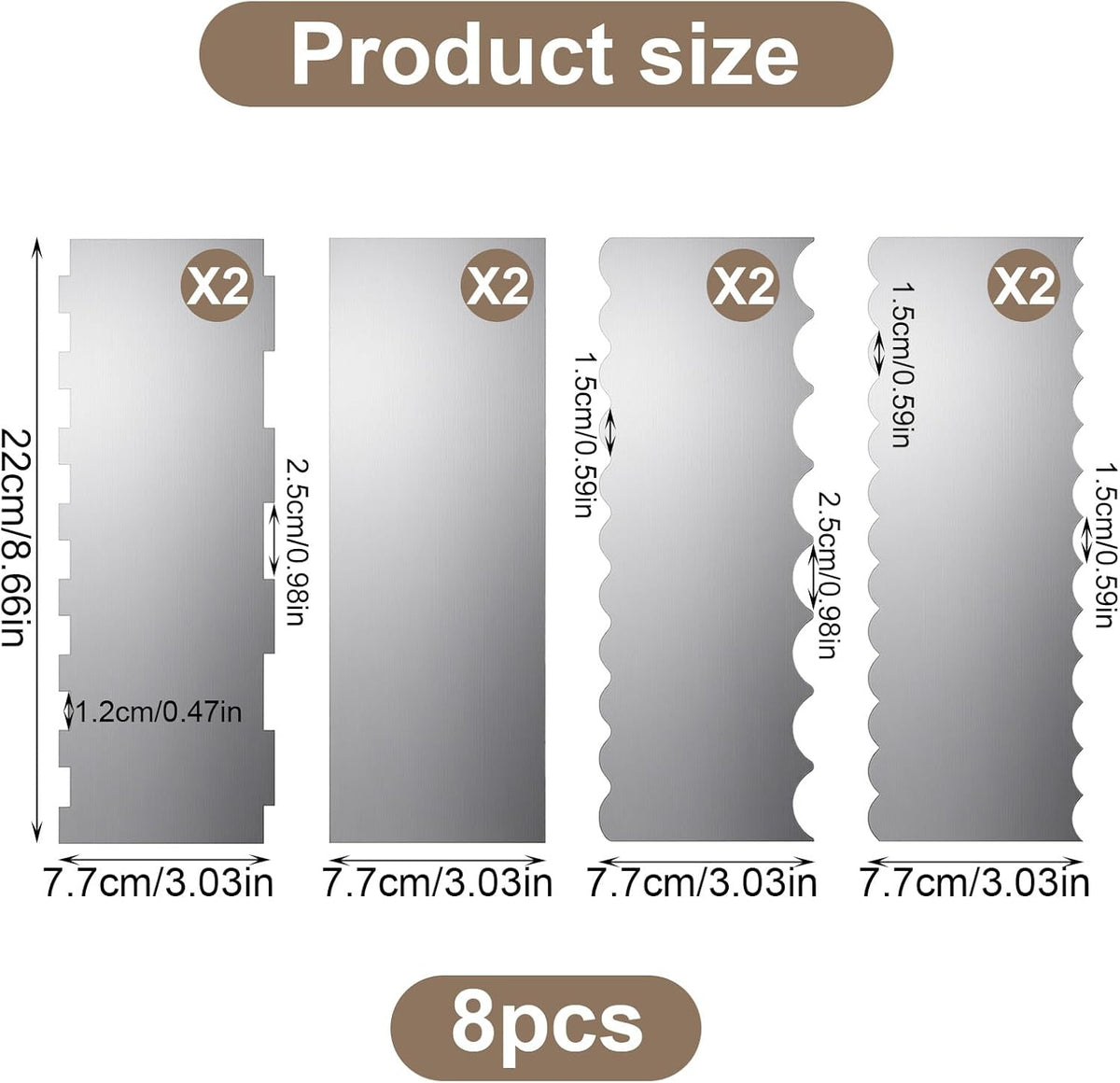 8 Pack 8.7" Stainless Steel Cake Scraper Set, Double-Sided Smoother Comb