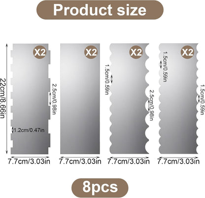 8 Pack 8.7" Stainless Steel Cake Scraper Set, Double-Sided Smoother Comb