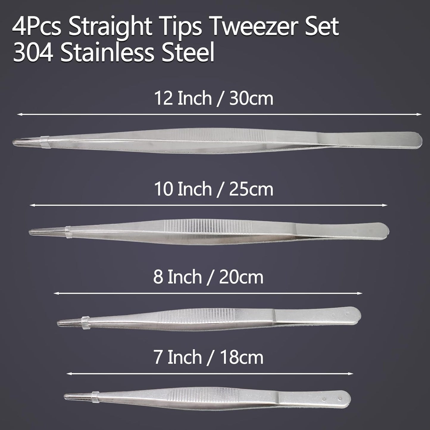 4Pcs 304 Stainless Steel Tweezer Set, 7" 8" 10" 12" Long Tweezers with Precision Serrated Straight Tips, Non-slip Kitchen Tweezers for Cooking Baking Crafts Tank Aquarium Terrarium