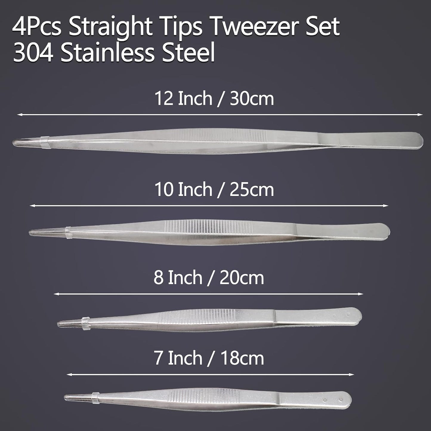 4Pcs 304 SS Tweezers Set 7-12 Inch Serrated Straight Tips | Ergonomic Non-Slip Handle, Thickened Sturdy Build, Blunt Rounded Tips, for Cooking Baking Crafts Aquarium Terrarium