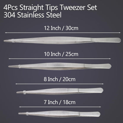 4Pcs 304 SS Tweezers Set 7-12 Inch Serrated Straight Tips | Ergonomic Non-Slip Handle, Thickened Sturdy Build, Blunt Rounded Tips, for Cooking Baking Crafts Aquarium Terrarium