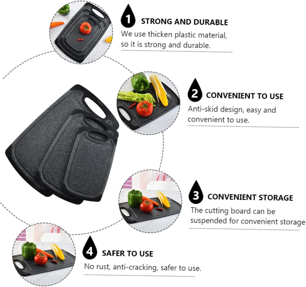 SEWACC 3pcs Anti-skid Plastic Cutting Board Mats Set Double-sided Marble Pattern Thicker Chopping Boards for Meat and Vegetables Non-slip Black Plastic Cutting for Home Kitchen Use