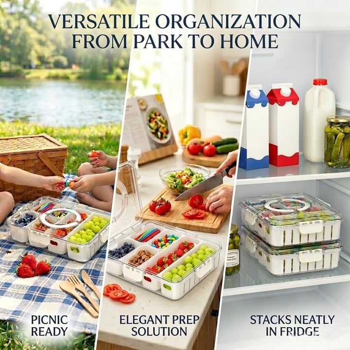 2 Pack Divided Serving Tray with Lid and Handle, 12 Compartments Snackle Box Container, Portable Platter with Drain Trays for Candy Fruit Nut, Road Trip Essentials, Picnic & Party