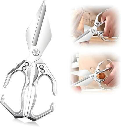 Multifunctional Heavy-Duty Kitchen Shears, Stainless Steel Kitchen Scissors for Food, Poultry Shears, Poultry, Meat, Seafood, Bone Cutting, Dishwasher Safe Ergonomic Handle (Sliver)