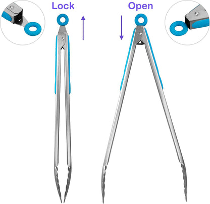 304 Stainless Steel Kitchen Cooking Tongs, 9" and 12" Set of 2 Sturdy Grilling Barbeque Brushed Locking Food Tongs with Ergonomic Grip, Black