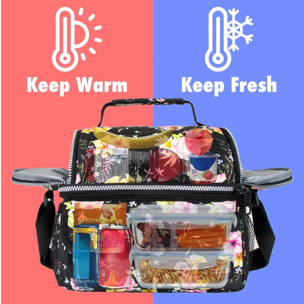 opux Insulated Lunch Bag Women Men, Dual Compartment Leakproof Lunch Box Adults Kids, Double Decker Meal Prep Bento Lunch Cooler Tote with Shoulder Strap for Work Office School Travel, Floral Purple