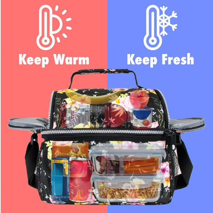 opux Insulated Lunch Bag Women Men, Dual Compartment Leakproof Lunch Box Adults Kids, Double Decker Meal Prep Bento Lunch Cooler Tote with Shoulder Strap for Work Office School Travel, Floral Purple