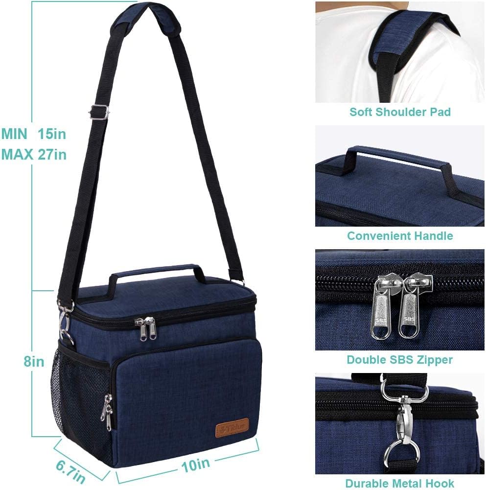 Tiblue Insulated Lunch Bag for Women/Men, Reusable Lunch Box for Office Work School Picnic,Leakproof Freezable Cooler Bag with Adjustable Shoulder Strap for Kid/Adult(Medium, Black & White Stripes)