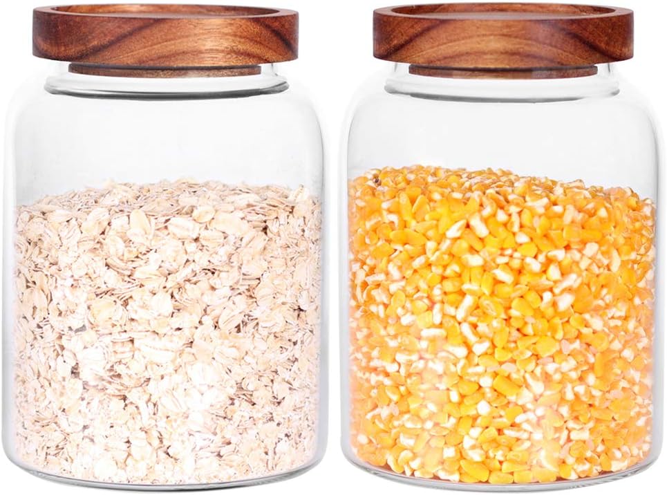 Large Glass Jar with Airtight Lid Set of 2 93 FL OZ(2750ml) glass canister set, Glass Food Containers Wooden Lid Suit for Kitchen Pantry for Flour, Tea, Coffee Beans, Sugar, Cookies(8.8 inch high)