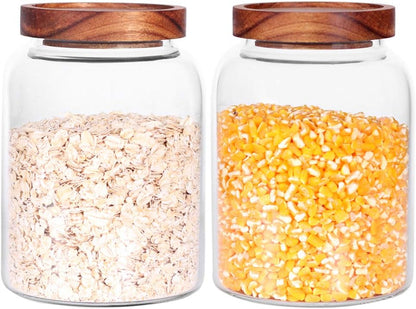 Large Glass Jar with Airtight Lid Set of 2 93 FL OZ(2750ml) glass canister set, Glass Food Containers Wooden Lid Suit for Kitchen Pantry for Flour, Tea, Coffee Beans, Sugar, Cookies(8.8 inch high)
