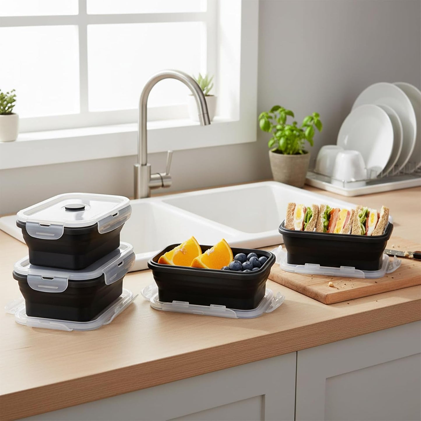 Collapsible Silicone Food Storage Containers Set with Lid & Air Vent,Foldable Lunch Containers(4PCS,Blue,27oz)