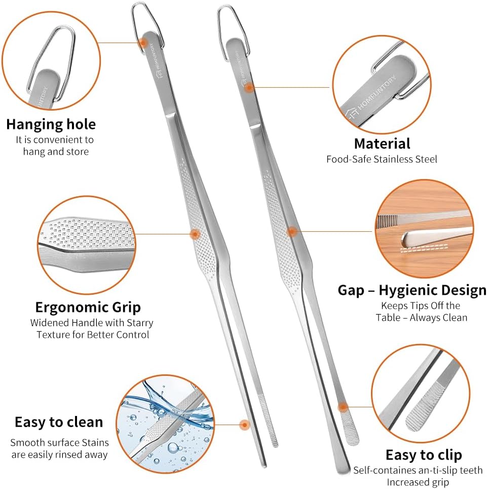 Stainless Steel Cooking Tweezers, 12-Inch Precision Kitchen Tweezers with Star Dot Texture, Wider Grip & Elevated Tips | Galaxy Grip Series, 2 Pcs (Black)