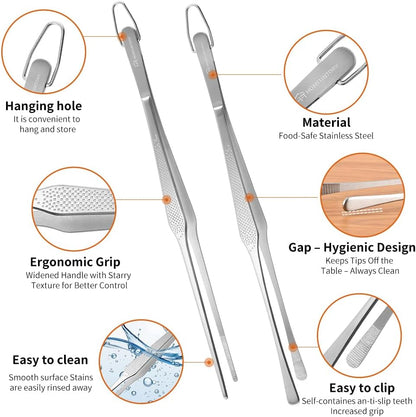Stainless Steel Cooking Tweezers, 12-Inch Precision Kitchen Tweezers with Star Dot Texture, Wider Grip & Elevated Tips | Galaxy Grip Series, 2 Pcs (Black)