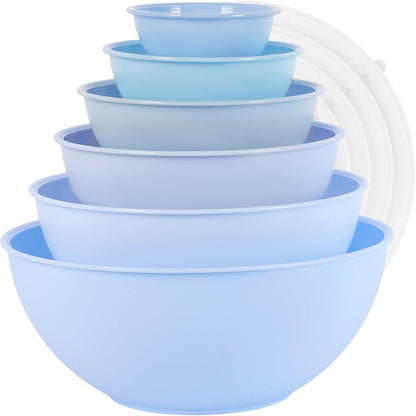 BoxedHome BPA Free Plastic Round Mixing Bowl with Lids, 12 Pack Nesting Bowls with Lids Set, Microwave and Dishwasher Safe Prep & Serving Bowls Great for Mixing, Baking, Serving (pinkish green, 12pcs)