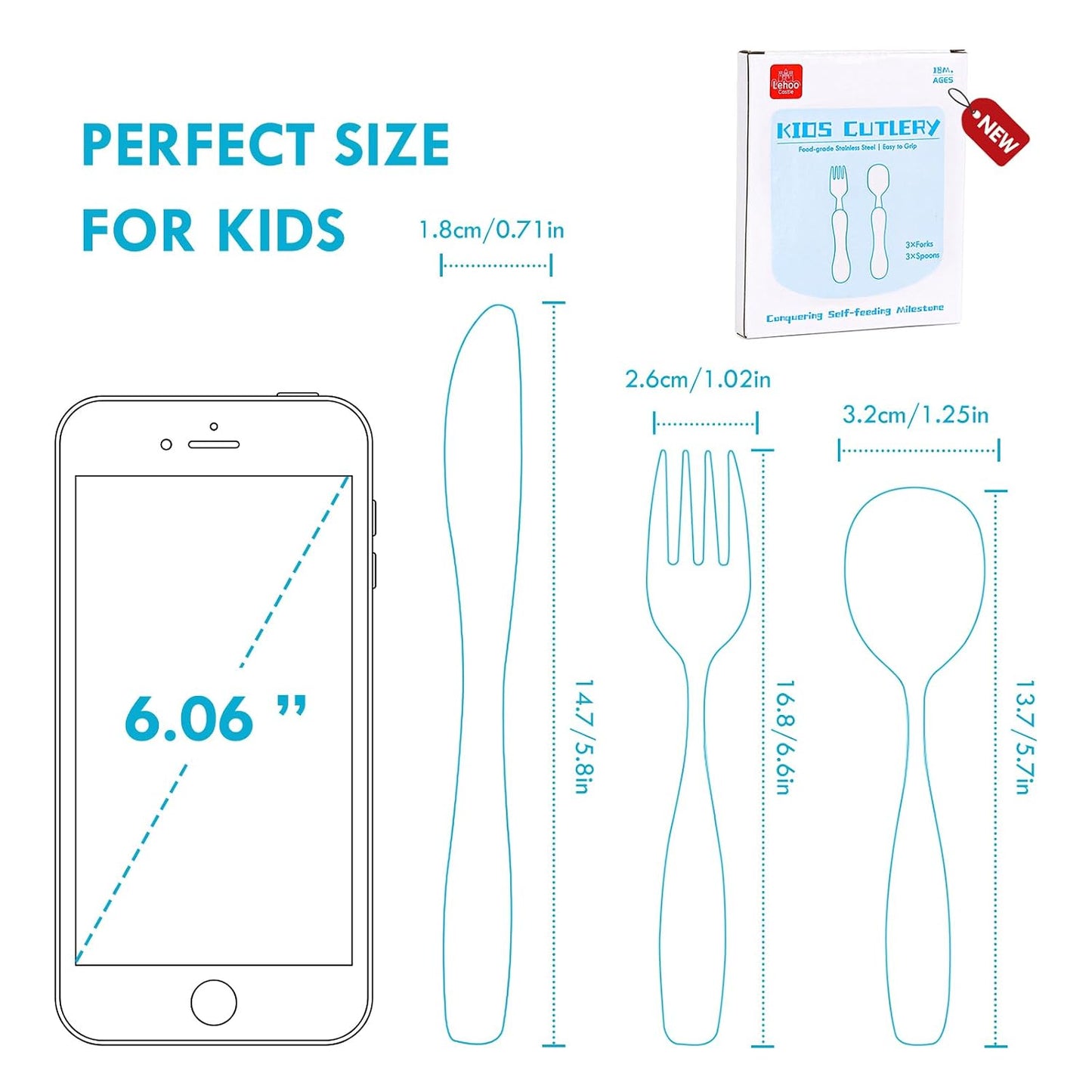 Lehoo Castle 6 Pieces Toddler Utensils, Kids Silverware for 2 3 4 Years Old, Stainless Steel Fork and Spoon Set with Plastic Handle, Safe Toddler Cutlery (Dinosaur)