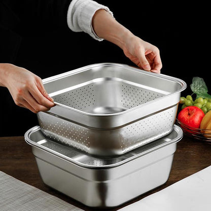 Zerodeko Stainless Steel Colander Bowl Set Square Kitchen Sink Metal Storage Basket Large Capacity Fruit Vegetables Washing Basin Rice Strainer Washer 22cm