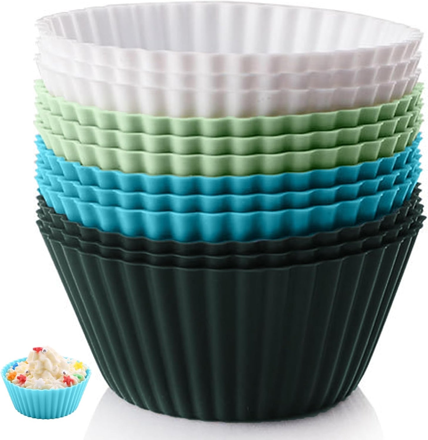 Silicone Baking Muffin Cups 12 Pack,Food-Grade Non-Stick Muffin & Cupcake Liners,Wrapper Cups Holders for Muffins, Cupcakes, and Candies Standard Size (Green)