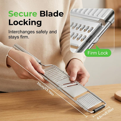 4-in-1 Vegetable Slicer, Handheld Mandoline Cutter with Stainless Steel Guard, Adjustable Thickness Onion Slicer, Sharp Veggie Shredder for Kitchen Fruit Cutting, Silver