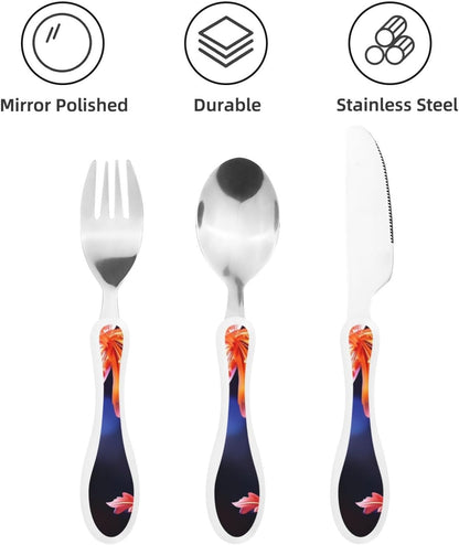 3-Piece Kids Silverware Set With Storage Case, Stainless Steel Reusable Children Safe Knife Spoon Fork Set Airplane Sunset Children Flatware Set For Kids Lunch Box