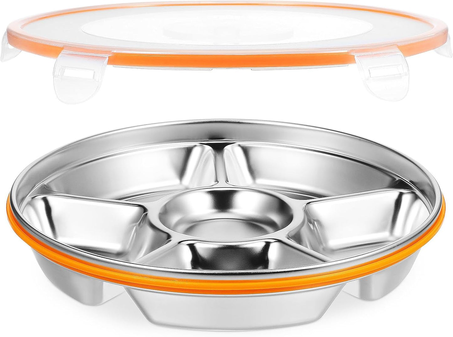 Toyvian Stainless Steel Divided Serving Tray with Lid 6-Compartment Veggie Tray Fruit Platter Snack Containers for Family Gatherings Picnics 10.23X10.23X2.16In