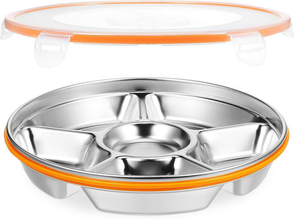 Toyvian Stainless Steel Divided Serving Tray with Lid 6-Compartment Veggie Tray Fruit Platter Snack Containers for Family Gatherings Picnics 10.23X10.23X2.16In