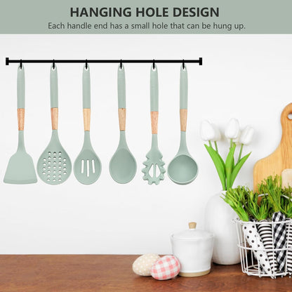Cooking Kitchen Utensils Set, 7PCS Silicone Cooking Utensil Set with Rotating Holder, Heat Resistant Kitchen Essentials, Kitchen Gadgets for Cookware (Green)