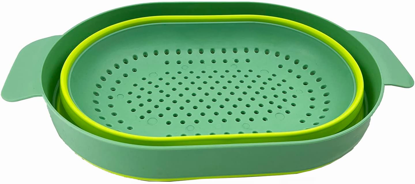 SAMMART 3L (0.8 Gallon) Over The Sink Oval Colander - Foldable Colander - Collapsible Kitchen Colander - Space Saving (Dark Green/Fluorescent Green (Set of 2))