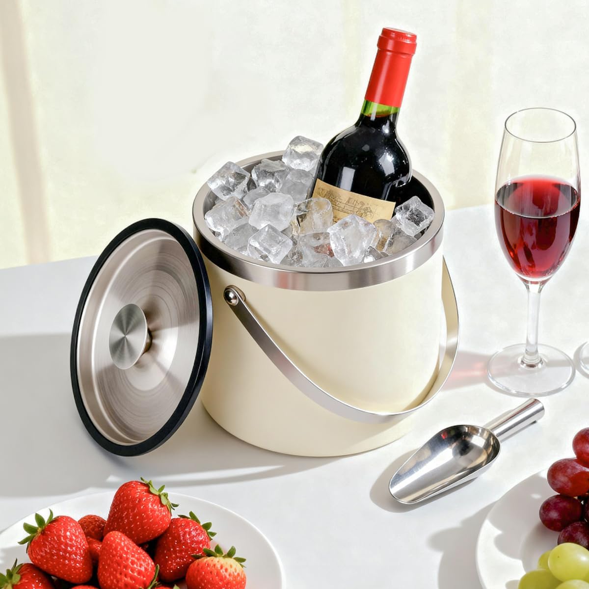 3L beige white Double Wall Insulated Stainless Steel Ice Bucket with scoop for Cocktail Bar,Metal Ice Bucket for freezer with Lid for parties.ice Container to Keep Ice Colder,bar cart accessories