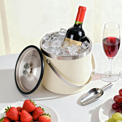 3L beige white Double Wall Insulated Stainless Steel Ice Bucket with scoop for Cocktail Bar,Metal Ice Bucket for freezer with Lid for parties.ice Container to Keep Ice Colder,bar cart accessories