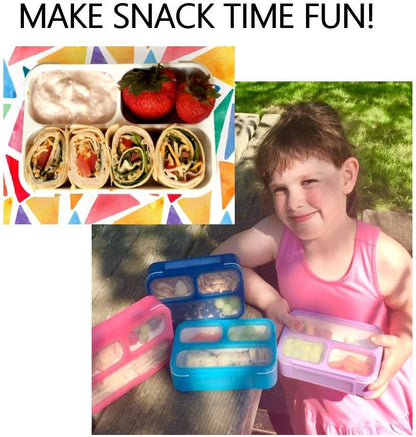 Small Snack Containers for Kids Toddlers - 3 Compartments (Set of 2) - Leak-Proof Reusable Boxes with Lids - BPA-Free Plastic Mini Bento Lunch Box - Holds 2 Cups Capacity (Pastel Blue+Teal Sparkle)