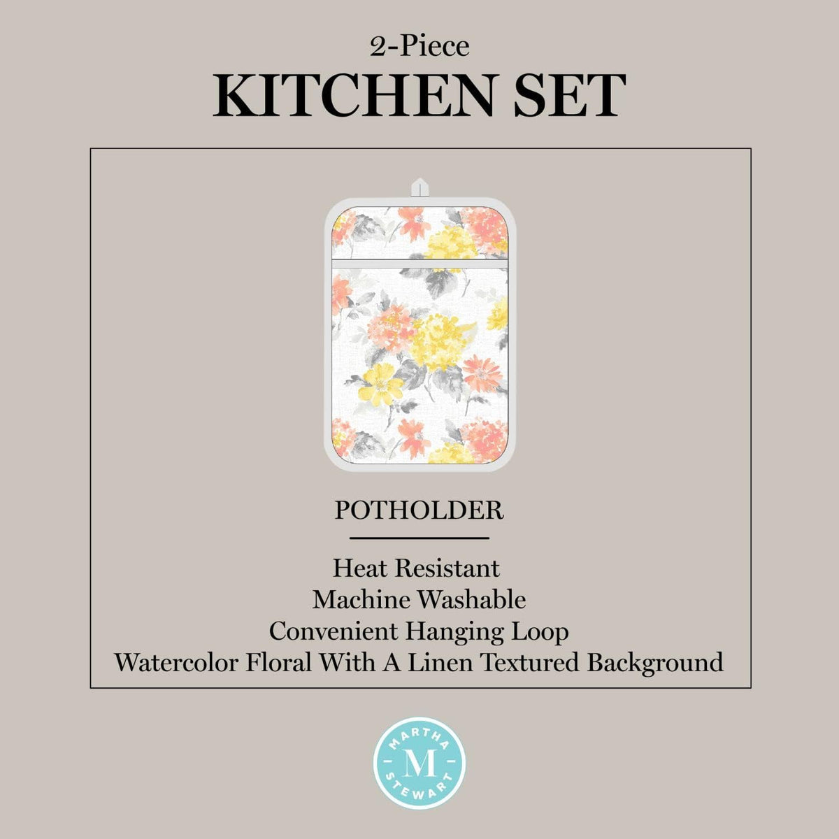 Martha Stewart Amber Floral Oven Mitt & Pot Holder Set 2-Pack, Blue/Green, OM: 7"x13" & PH: 7"x10"