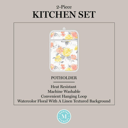Martha Stewart Amber Floral Oven Mitt & Pot Holder Set 2-Pack, Blue/Green, OM: 7"x13" & PH: 7"x10"